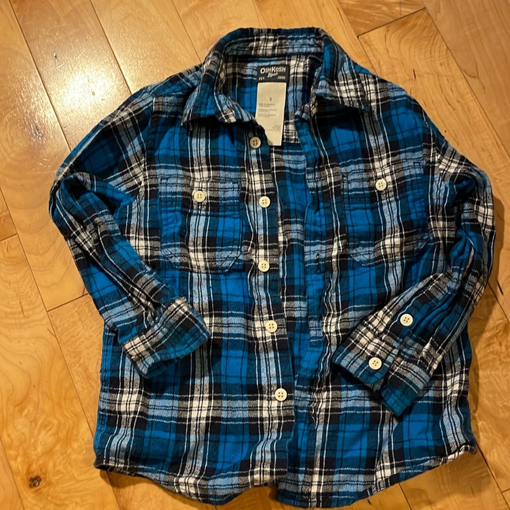 Sz 5 Osh Kosh Flannel Blue 100% cotton button up double pockets toddler boy
